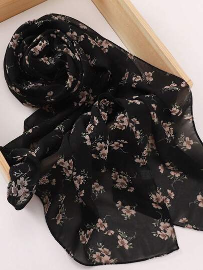 1pc Women Flora Printed Hijab, Chiffon Pearl Floral Print Hijab Scarf,Women Abaya