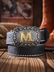 1条波西米亚西部牛仔风格字母压纹金属扣复古黑色PU腰带，适合夏季、学校休闲、商务场合，可作为男友、丈夫、父亲、男士礼物，日常穿着，时尚百搭，适合青少年、户外、度假、运动、旅行、街头、波西米亚风、复古秋季、万圣节秋冬配饰，适合青少年、青年、男士，休闲、户外、运动、度假、毕业礼物、生日礼物、日常穿着 - 黑色 - 查看 20