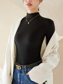 Cuello alto Manga larga Body negro Slim Tight Fit Color sólido Basic Versátil - Negro - Ver 4