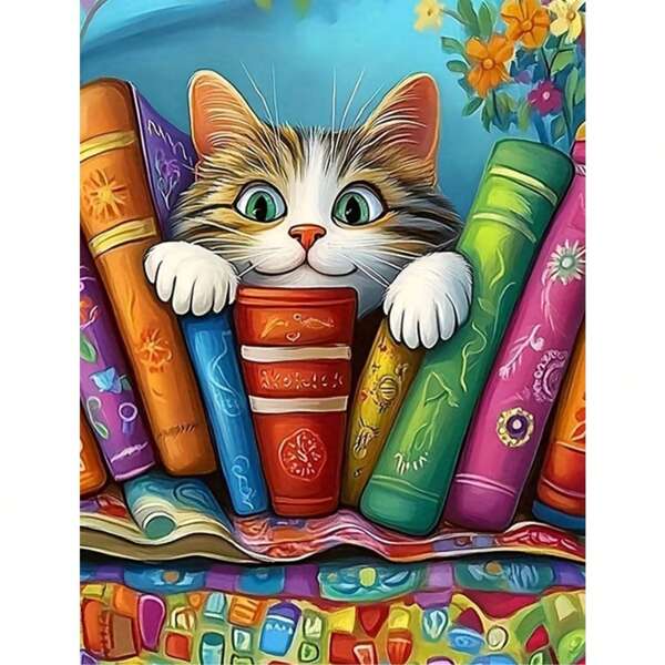 1pc 30*40cm/11.8*15.7in Or 40*50cm/15.7*19.7in 5D Diamond Painting Kit - Reading Cat Pattern, Diamond Art Handmade DIY Diamond Painting Cross Stitch Set, Decorative Gift, Birthday Gift, Adult Diamond Embroidery Mosaic Beginner Diamond Painting Set, Living Room Bedroom Home Decor, Surprise Art Gift, No Frame