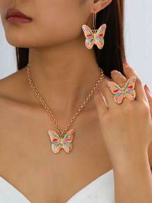 Designer Fashion Vintage Colorful Enamel Butterfly Decorated Pendant, Bracelet, Ring, Earring, Arm Band Jewelry Set, Suitable For Women Beach Vacation Wear, Excellent Gift Choice For Festivals