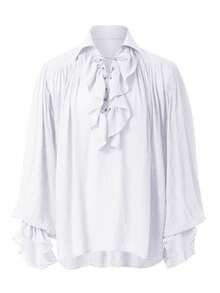Retro Men's Shirt, Ruffle Lace Up V Neck Long Sleeve Solid Color ...