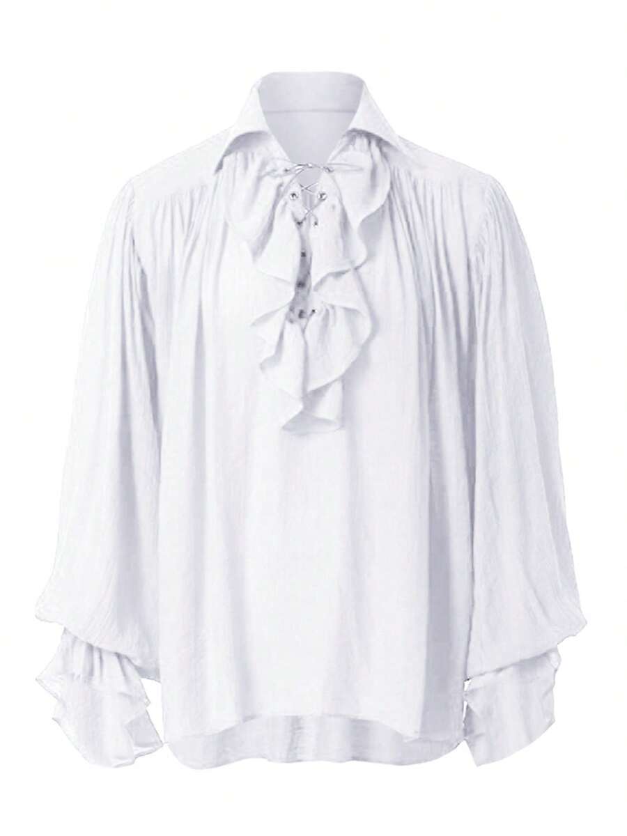 Retro Men's Shirt, Ruffle Lace Up V Neck Long Sleeve Solid Color ...
