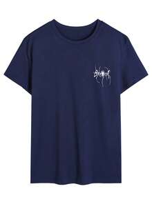 Camvyn Men's Summer Letter & Spider Print Round Neck Short Sleeve Casual T-Shirt - Navy Blue - View 3