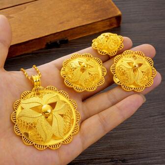 3件套精美奢华镂空花朵造型非洲阿拉伯金色首饰套装，包括耳环、戒指和单/双吊坠项链组合，适合日常佩戴，也适合生日、派对、婚礼、订婚、节日等场合。