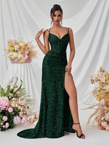 Elisanya Vestido de noche largo con escote en V, tirantes de espagueti, abertura frontal y espalda descubierta, con lentejuelas, para eventos formales como fiestas o bodas - Verde Oscuro - Ver 8