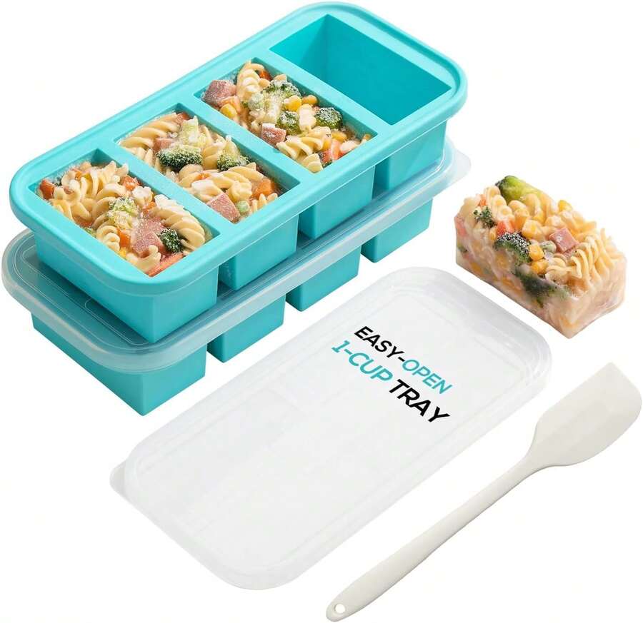 Extra Large Silicone Soup Cubes Freezer Tray With Lid 1 Cup, 2 Pack Silicone Freezer Molds 4-Cube Reusable Soup Storage Containers For Meal Prep, Leftovers & Baby Food - Nhiều màu - Xem 1