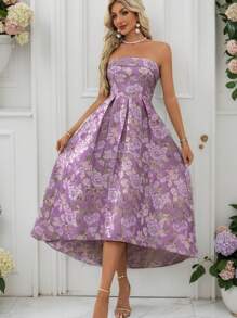 Rochie de seară elegantă, fără bretele, luxoasă, din material jacquard floral auriu, potrivită pentru ocazii formale, nunți, absolviri, gale