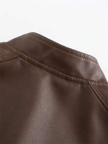 女式短款仿皮夹克，薄款立领女士 PU 皮大衣，春秋 - 咖啡棕 - 查看 9