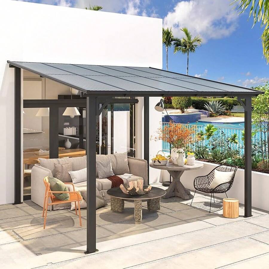 Gazebo para pared de 10'x10' | Pérgola sobre | Toldo de pérgola para patio al aire libre, terraza, porche, patio trasero y talla grande - Oscuro - Ver 1