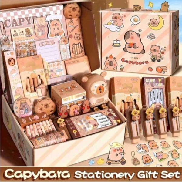 1set Capybara-Themed Stationery Gift Set With Notebook, Pens, Paper Clips, And Accessories - Cute Learning Essentials Pack For Students And Animal Lovers(Random Style)(Keychain Styles Are Random)