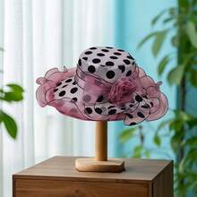 Women Organza Church Hats Dots Print Large Flower Church Hats Outdoor Lightweight Sun Hats - 粉色 - 查看 1