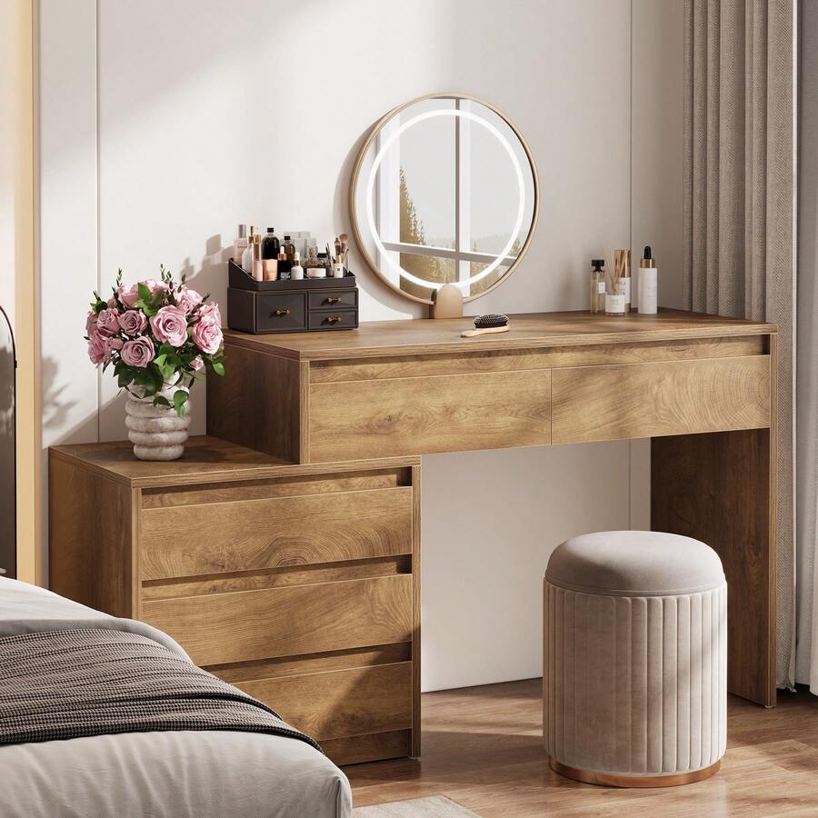 Tribesigns 63" Vanity Desk With 5 Drawers For Bedroom, Makeup Table With Removable 3-Drawer Chest Cabinet & Storage, Modern Large Dressing Table For Women Girl, Make Up Desk For Bedroom - màu nâu - Xem 1