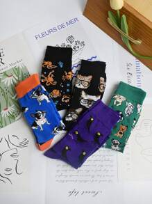 5 Pairs Women Cartoon Dog Print Socks, Cute Animal Pattern Comfortable Daily Casual Fashion Mid-Calf Socks, Autumn/Winter