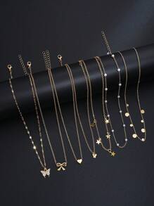 7pcs Set Butterfly, Star, Heart, Geometric Circle Faux Pearl, Crystal Rhinestone, Tassel Pendant Multilayer Necklace Charm, Elegant, Vintage, Chic Design, Suitable For Holiday, Party, Daily Wear, Gift