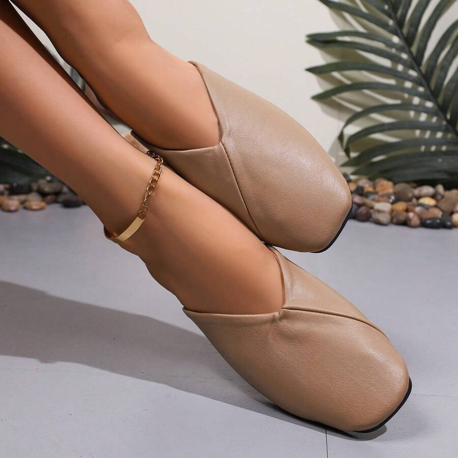 US Style Square Toe Slip-On Mules For Women, Summer 2025 New Retro Soft Flat Slip-On Slide Sandals, Casual & Comfortable - Light Brown - View 1