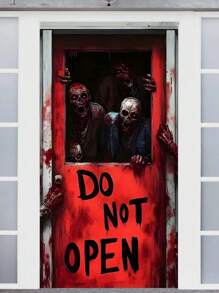 1pc Horror Zombie Theme Door Curtain, Red Door With "DO NOT OPEN" Text, Scary & Realistic Zombie Graphic, Blood Splatter Decor, Made Of Polyester, Suitable For Halloween Decor, Escape Room Setting, Horror Party & Haunted House Atmosphere