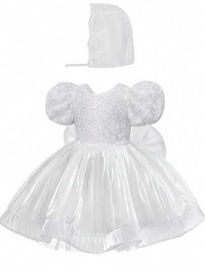 Vestido elegante para fiesta de bautizo de niña bebé con gran moño, incluido sombrero de bautizo