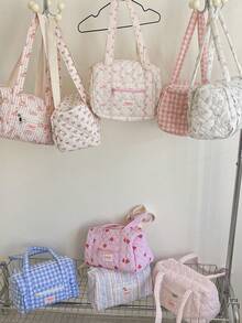 1 件粉色花朵和蝴蝶结条纹图案绗缝时尚大容量短途旅行手提包，女孩旅行包大容量单肩包，女孩运动包，瑜伽包绗缝拉链手提包，用于服装、水瓶、日用品和其他物品，适合女性和女孩，情人节礼物，生日礼物袋，学校配件学校用品 - 彩色 - 查看 3