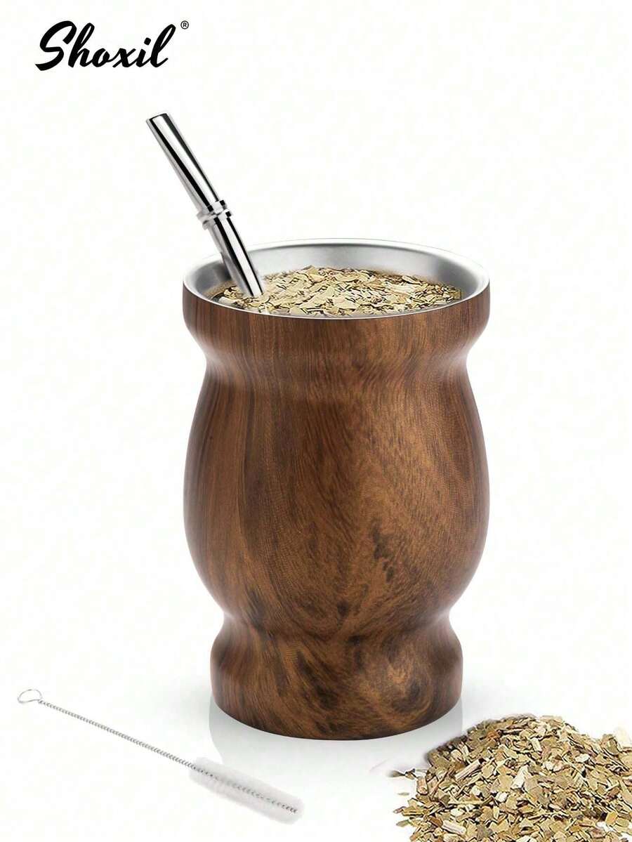 shoxil 1 件套传统黑马黛茶杯套装 - 不锈钢双层葫芦，配有 Bombilla 吸管和清洁刷 | 马黛茶和咖啡饮用套装，适合家庭、办公室和户外使用