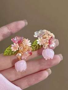 1 Pair 2 Pcs Handmade Gradient Color Flower Jewelry Earrings, One-Of-A-Kind Colorful Floral Dangle Earrings, Suitable For Spring/Summer, Delicate & Elegant, Feminine French Country Style, Thoughtful Gift For Girlfriend - Pink - View 11