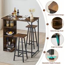 Juego de mesa de bar de 3 piezas, mesa alta, mesa de comedor con 2 sillas tapizadas y 3 estantes, mesa de cocina, mesa de mostrador pequeña, taburete de bar, grupo de comedor para 2 personas, diseño industrial