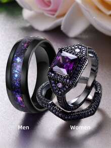 طقم خاتم خطوبة أنيق من الأحجار الكريمة البنفسجية والزركونيا، قطع وسادي اصطناعي، خواتم زفاف، مجوهرات للنساء