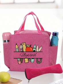 定制姓名并印有文具和苹果图案便携式保温午餐袋双口袋午餐袋，大容量学生餐加厚铝箔便携式保温盒
