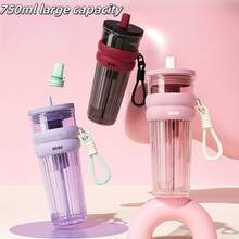 1 个 25 盎司大容量塑料杯，休闲水瓶，带茶带盖手柄和吸管，防漏、防滑、耐热，750 毫升吸管杯，直饮水瓶，方便带回学校，用于茶、果汁和咖啡，适用于办公室、户外露营、旅行、健身房、家庭和汽车 - 彩色 - 查看 4