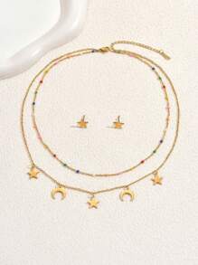 Set de 3 piezas de joyería con collar y aretes con forma de estrella y luna esmaltada, de acero inoxidable, estilo bohemio, adecuado para vacaciones, fiesta y eventos
