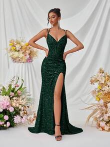 Elisanya Vestido de noche largo con escote en V, tirantes de espagueti, abertura frontal y espalda descubierta, con lentejuelas, para eventos formales como fiestas o bodas - Verde Oscuro - Ver 1