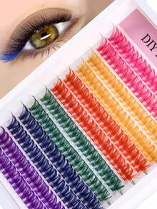 240 件 6 色混合单根睫毛簇 D 卷 14 毫米颜色 DIY 睫毛簇自然外观薄、超柔软、超轻彩虹色可重复使用单段假睫毛，适合初学者在家或旅行日常生活、聚会、音乐节、万圣节、圣诞节