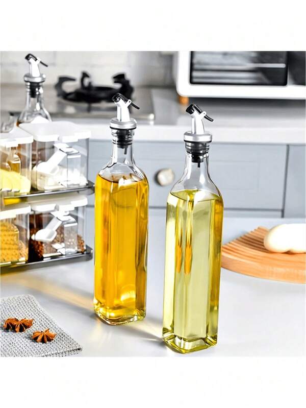 1pc/2pcs 500ML Premium Glass Oil Bottle, Leak-Proof Olive Oil Container, Square Seasoning Bottle For Kitchen, BBQ, Camping, Picnic - No PVC, Hand Wash Only