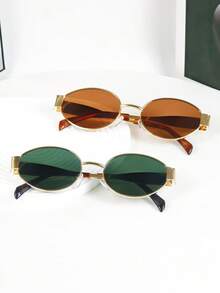 2副复古波西米亚风金属框椭圆形时尚眼镜，男女皆宜，适合街头风、海滩度假、日常休闲佩戴 - 綠色灰色 - 查看 1