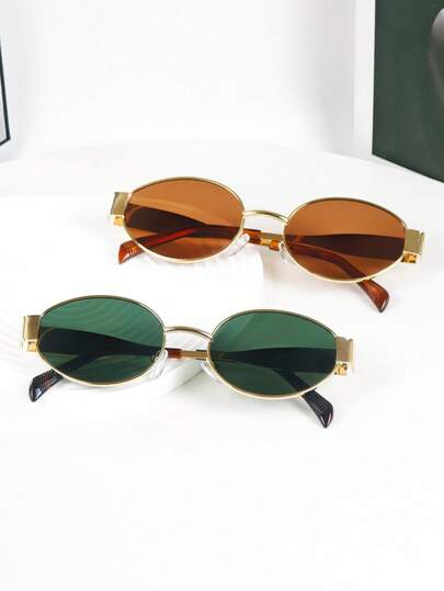 2pcs Retro Bohemian Metal Frame Oval Fashion Glasses, Unisex Fashion Eyewear Suitable For Street Style, Beach Vacation, Casual Daily Wear