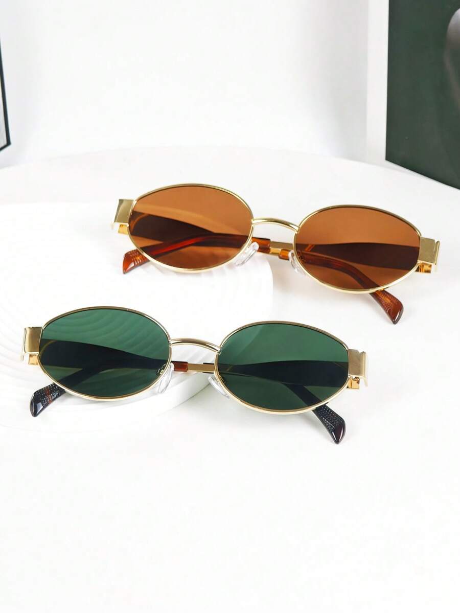 2副复古波西米亚风金属框椭圆形时尚眼镜，男女皆宜，适合街头风、海滩度假、日常休闲佩戴 - 綠色灰色 - 查看 1