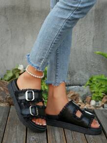 Women's Fashion Versatile Black Lace Trim Casual & Resort Style Buckle Wedge Heel Thick Bottom Slide Sandals, Simple Outdoor Thick Sole Slippers