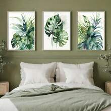 3 件复古水彩热带叶画，客厅植物海报，龟背竹热带植物墙面艺术画，金色龟背竹艺术装饰，无框帆布海报，理想礼物，现代墙面艺术印刷品，适用于客厅、书房、卧室、走廊