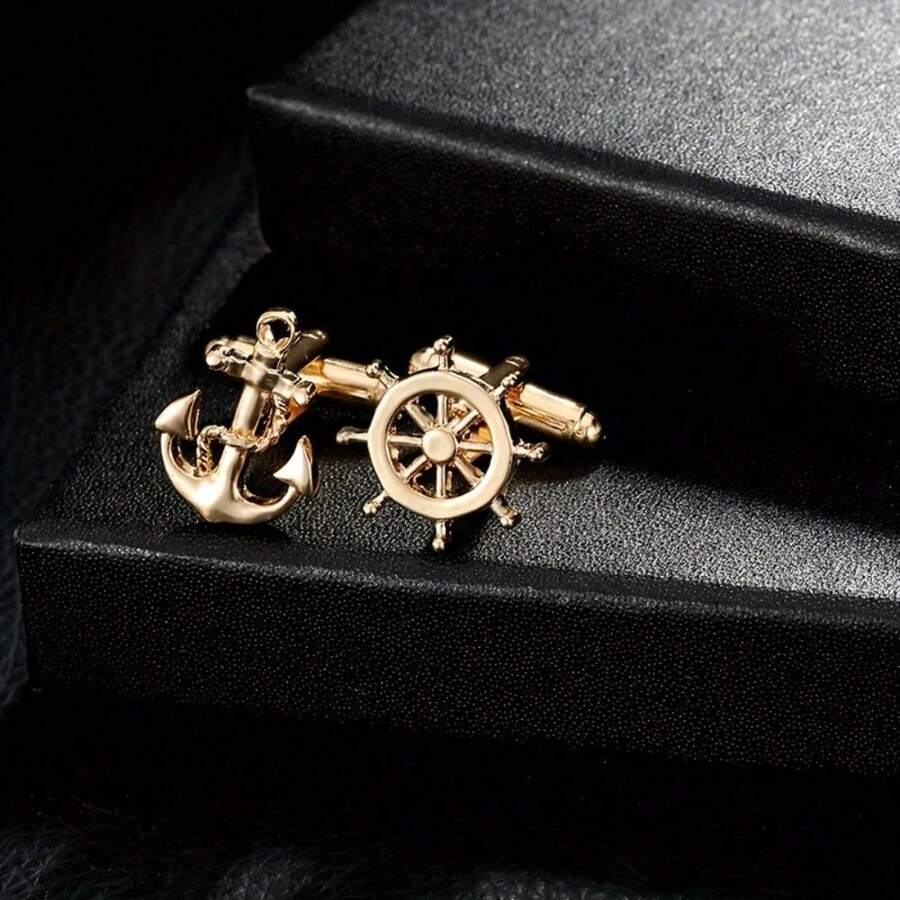 A Pair Of Retro Nautical Style Cufflinks Set, Men's Fashionable Rudder Anchor Design Set, Men's Personalized Jewelry Gifts, Shirts And Suit Accessories, Ideal Gifts For Christmas Husbands, Fathers And Boyfriends, Suitable For Daily Travel Wear - Gold - View 1