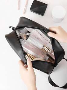 PU 皮革防水化妆包，大容量便携式旅行洗漱包，哑光透明设计 - 黑色 - 查看 4