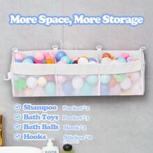 Wall-Mounted Bathtub Toy Organizer, 3 Compartment Shower Toy Holder With Wide Openings & Adhesive Hooks, Large Capacity Storage For Bath Toys Bathroom Accessories Back To School