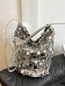 Fashionable Shiny Shoulder Bag, Personalized Sequin Large Tote For Shopping, Stylish Work Commuting Backpack - Silver - View 8