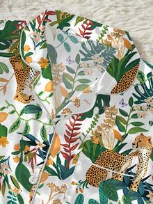 Set de 2 piese pentru femei cu imprimeu leopard și pijamale romantice casual - tricou cu mânecă scurtă și pantaloni scurți cu talie elastică