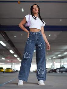 Women's Y2K Baggy Straight Jeans With Pockets, Star Patch Denim Pants, Casual Versatile Streetwear Trousers - 深色水洗藍 - 查看 2