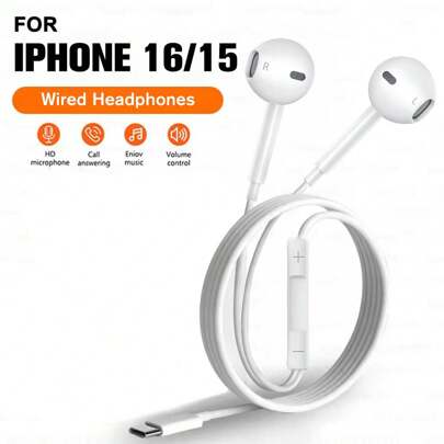 1pc Type-C Wired Earphones With Microphone And Volume Control, In-Ear Headphones Compatible With IPhone 16 Pro Max/16 Pro/16 Plus/16/15/14/13/12/11, S25/S24/S23/S22/S21/S20, Series