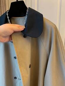 2025春秋新款中长款风衣女休闲拼色立领时尚复古显瘦军旅风 - 卡其色 - 查看 3