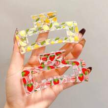 2Pcs Square Fruit Printed Transparent Women's Hair Clip, Retro Elegant Style, Fruit And Flower Pattern Design, Durable Resin Hair Clip For All Seasons, Hair Clip For Showering, Suitable For Home, Travel, Party Decoration, Holiday Gifts Back To School