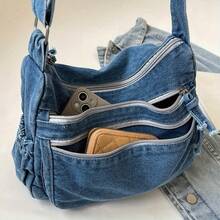 Women's Large Denim Crossbody Tote Bag - Adjustable Shoulder Strap, Multiple Zipper Compartments And Wrist Strap, Lightweight And Durable Canvas Wallet, Suitable For Casual Retro Daily Use, Shopping, Work - Màu xanh nhạt - Xem 1