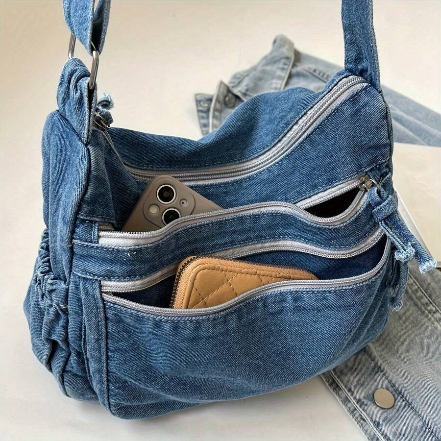 Women's Large Denim Crossbody Tote Bag - Adjustable Shoulder Strap, Multiple Zipper Compartments And Wrist Strap, Lightweight And Durable Canvas Wallet, Suitable For Casual Retro Daily Use, Shopping, Work - Màu xanh nhạt - Xem 1