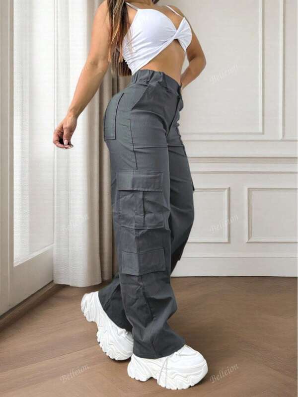 Solid Color Multi-Pocket Button Commuting Simple Y2K Cute Work Pants Long Pants, Back To School, Daily Airport Wear, Street Wear, Teacher